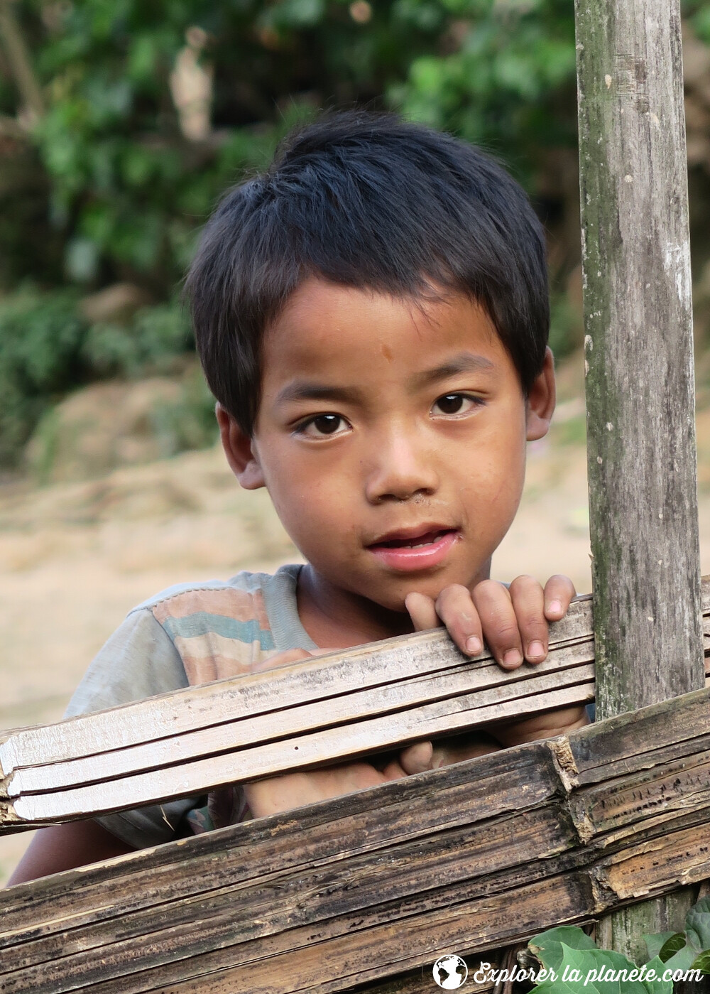Enfant Akha sur le bord d'une cloture au Laos