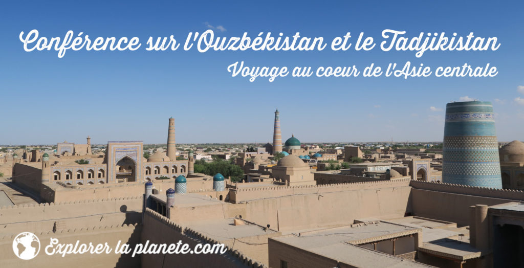 Publicité pour une conférence voyage sur l'Ouzbékistan et le Tadjikistan en mettant la ville de Khiva en avant plan