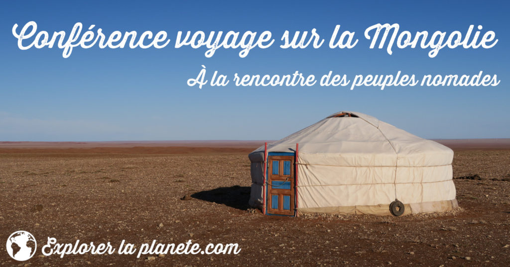 Publicité pour une conférence voyage sur la Mongolie il y a une yourte dans le désert de Gobi
