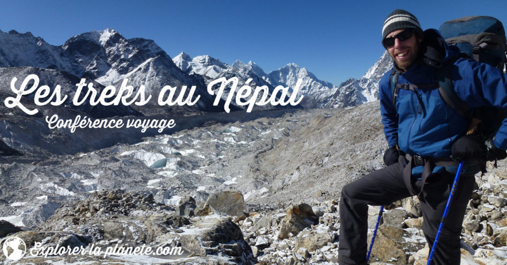 Publicité pour une conférence voyage sur les randonnées au Népal on me voit sur le dessus devant un glacier