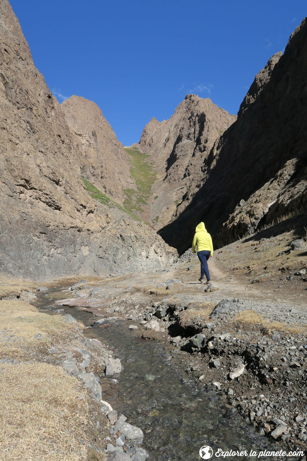 Le canyon de Yolyn Am dans le désert de Gobi avec une personne qui fait une randonnée.