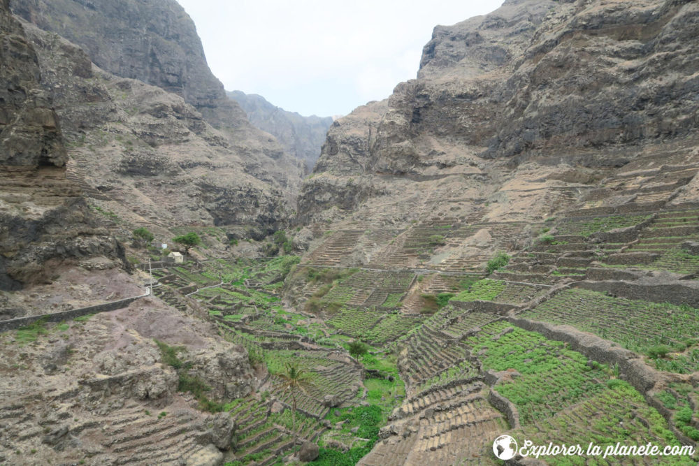 Un village sur l'île de Santo Antao avec des cultures en terrasse. 