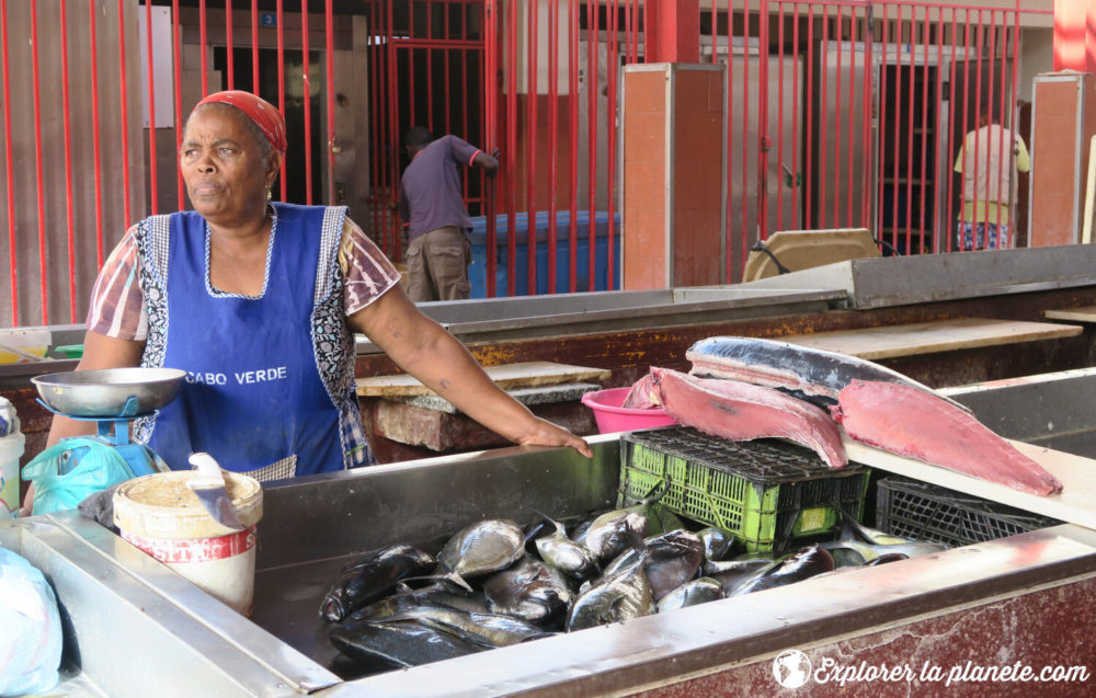 Une dame qui vend son poisson au marché de Mindelo où il y a beaucoup d'action.