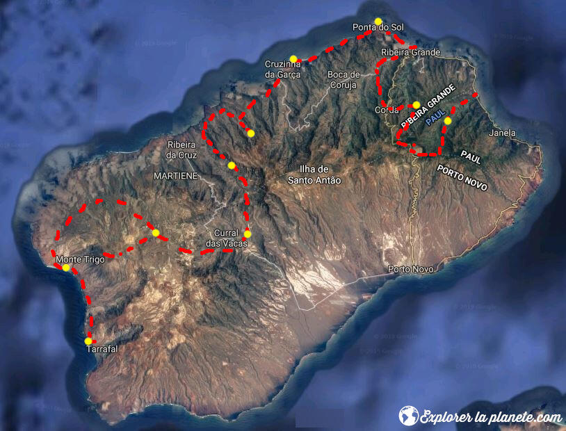 Itinéraire pour la grande traversée de l'île de Santo Antao au Cap-Vert.