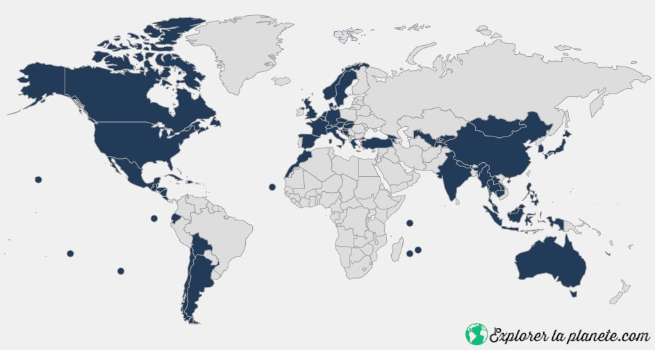 Carte du monde avec en bleu les pays visités par "explorer la planète".